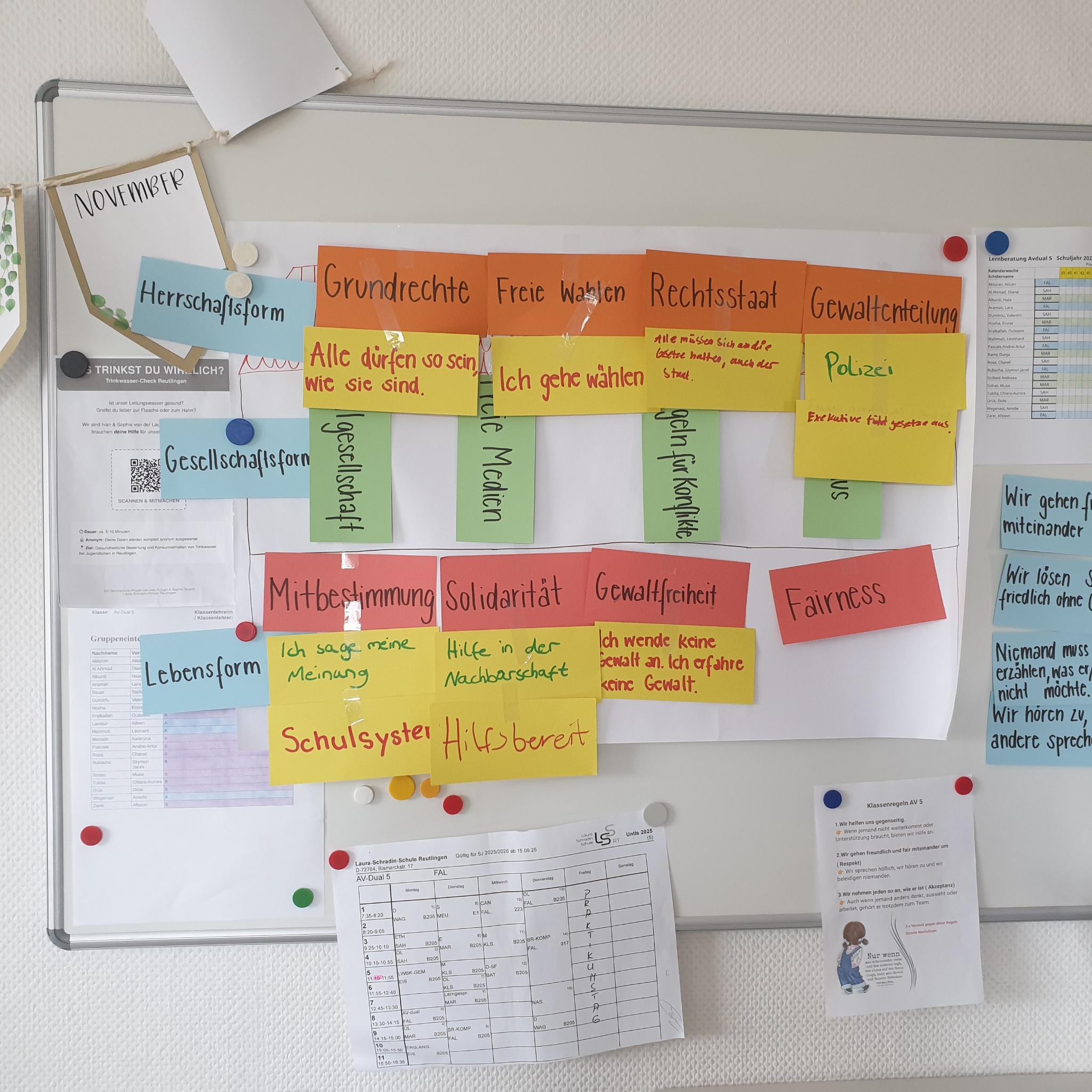 Haus der Demokratie an der Pinnwand mit Klassenliste und Stundenplan